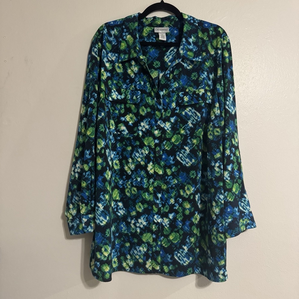 Catherines Womens Tunic Tee Shirt Top Size 2X Blue V-Neck Long Sleeve